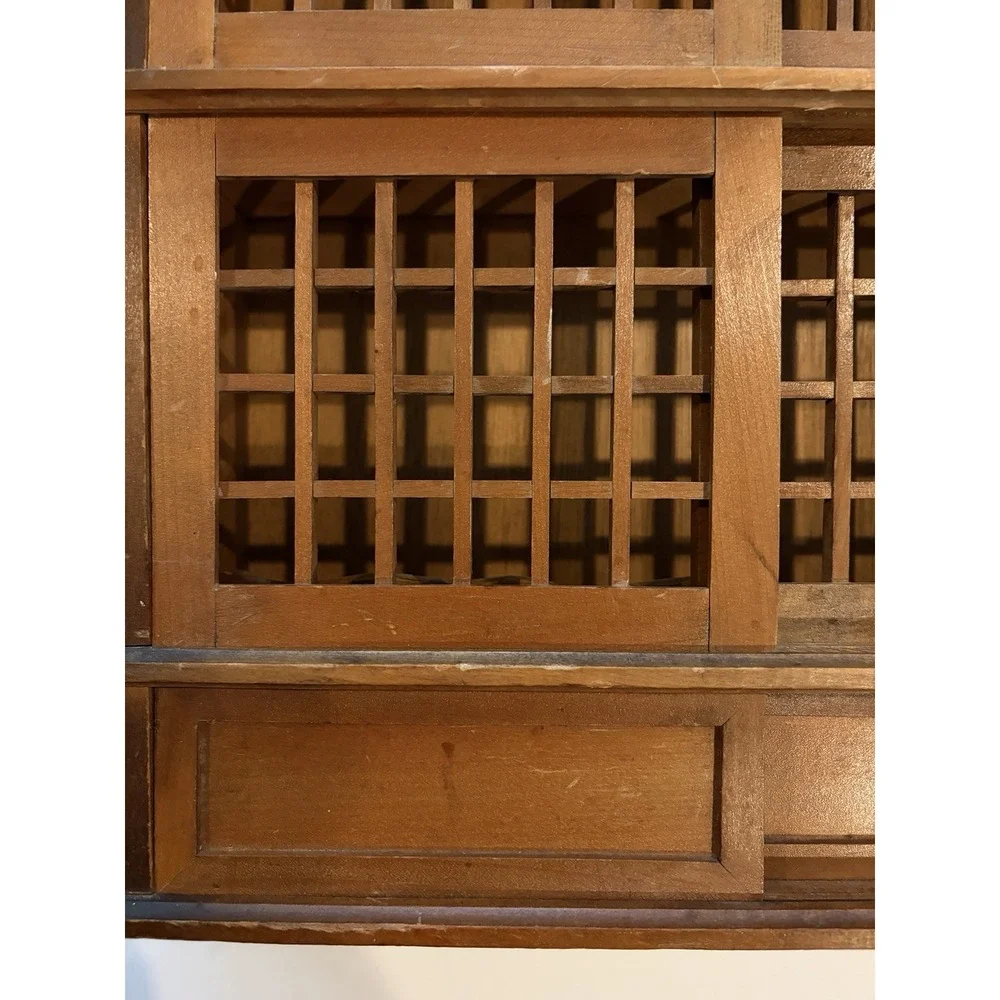 Japanese Tansu Style Display Cabinet Wood Lattice Sliding Doors Shelf